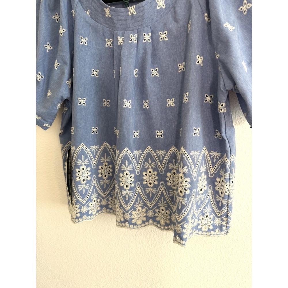 Tuckernuck Chambray Embroidered Top NWT Sz M Puff Sleeve Preppy Modest Cottage - Picture 8 of 11